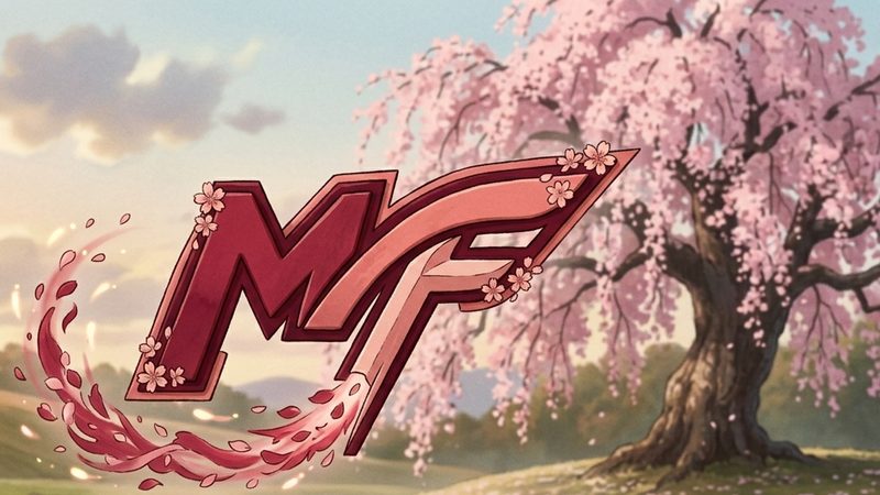 The MF logo mark with swirling cherry blossom petals beside a blossoming tree at sunset